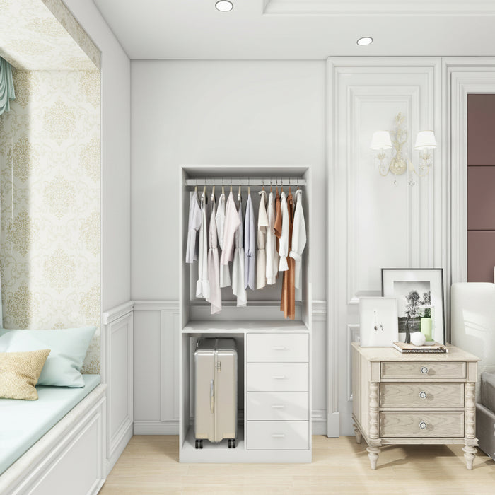 Modern white open closet organizer with 4 drawers, hanging rod, and dedicated suitcase storage space for compact bedroom organization.
