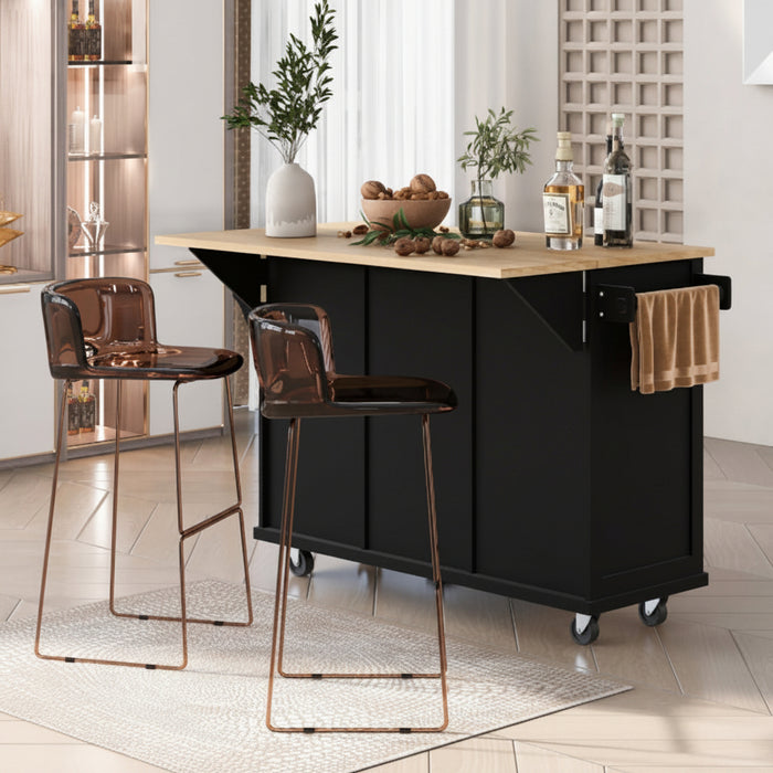 Modern black rolling kitchen island with natural wood countertop, 3 storage drawers, and internal shelving for compact kitchen organization.
