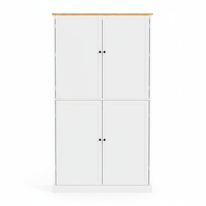 Modern white kitchen pantry cabinet with 4 doors, adjustable shelving, and wood top for large-capacity food storage and organization.