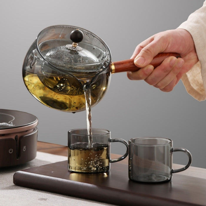 Semi-Automatic Rotary Glass Teapot with Infuser & Wooden Handle-bed and bath-HomeAscent