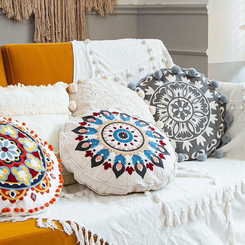 Authentic Moroccan Hand-Embroidered Round Pillow Cover