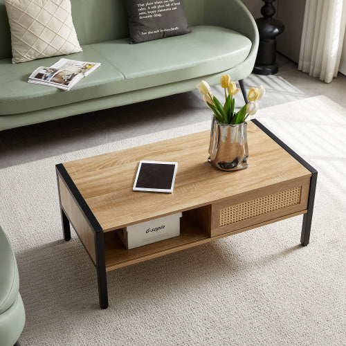 Modern 40" Rattan Coffee Table with Storage & Metal Legs