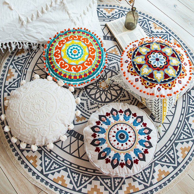 Authentic Moroccan Hand-Embroidered Round Pillow Cover