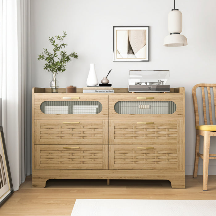 Modern minimalist light wood 6-drawer dresser with sleek metal handles for bedroom storage and organization.