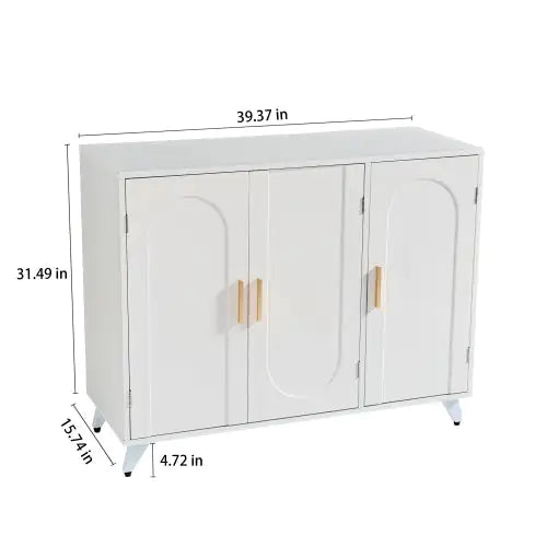 Modern White & Gold Accent Cabinet | 3-Door Storage Sideboard