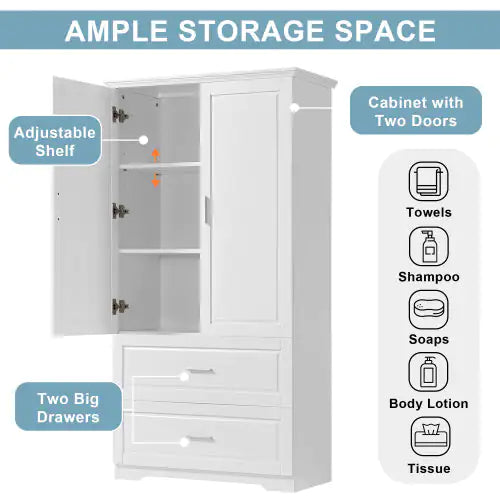Tall  Storage Cabinet | White MDF Cabinet with Drawers