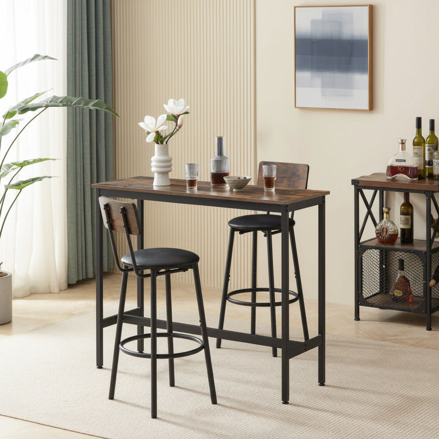 Rustic Brown Bar Table Set with 2 Cushioned Stools