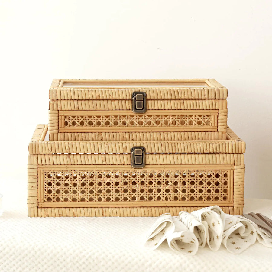 Rattan Decorative Boxes with Glass Lid (Set of 2)